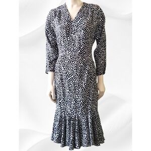 Vintage Secretary Business Black & White Dot Siasia Silky Dress 6 Ruffle Bottom
